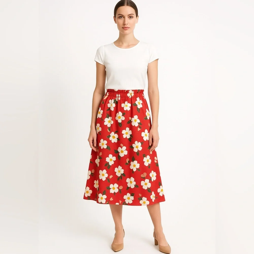 NWT‎ kate spade botanical garden cotton midi skirt, Red and white